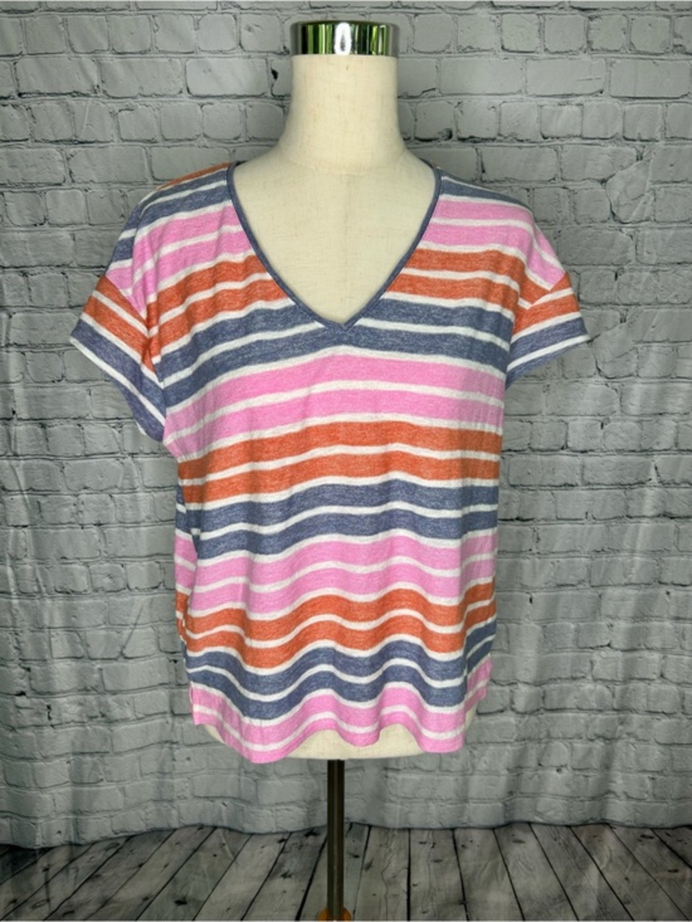 Madewell Multicolor Striped V Neck Tee Large Pink Orange Blue Relaxed Top